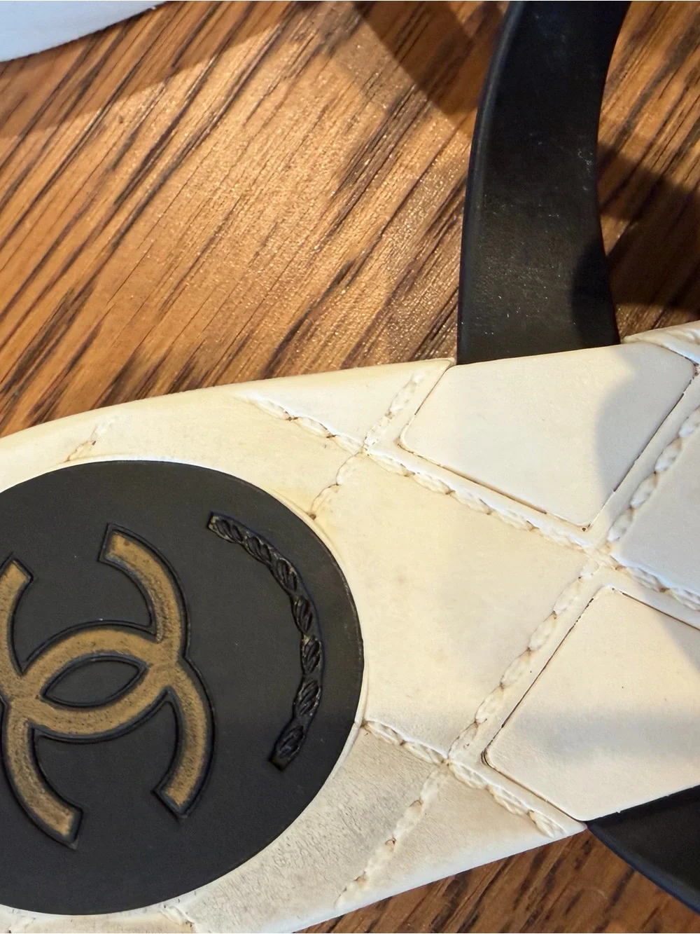 CHANEL Camellia Flower Thong Sandals Black White Size 37